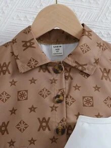SHEIN 幼童女孩3入組夏季新款星星印花套裝,包括時尚衣服、背心上衣和裙子,為可愛造型添彩 - 卡其色 - 查看 5