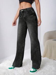 SHEIN EZwear Denim mùa giặt Quần legging thẳng - Xám - Xem 4
