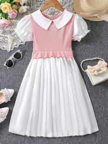 SHEIN فستان بناتي من Tween محبوك بياقة مرقع وأكمام منتفخة مع حاشية مطوية - وردي - مشاهدة 1