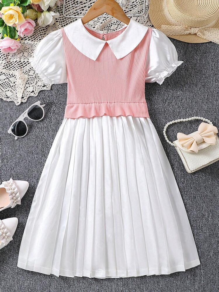 Tween Girls' Collared Knitted Patchwork Puff Sleeve Dress With Pleated Hem