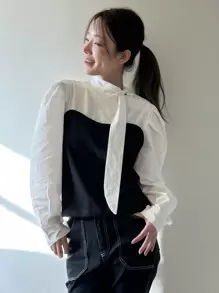 DAZY Women's Colorblock Bow Tie Neck Blouse With Leg-Of-Mutton Sleeves,Ruffle Long Sleeve Women Tops - Black - View 5