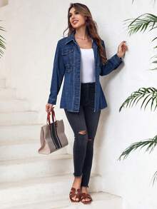 SHEIN LUNE 休閒前扣牛仔夾克 - 深色水洗藍 - 查看 6