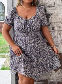 Breezaya 甜心領花卉印花大尺碼連衣裙,腰部綁帶設計 - 紫色 - 查看 1