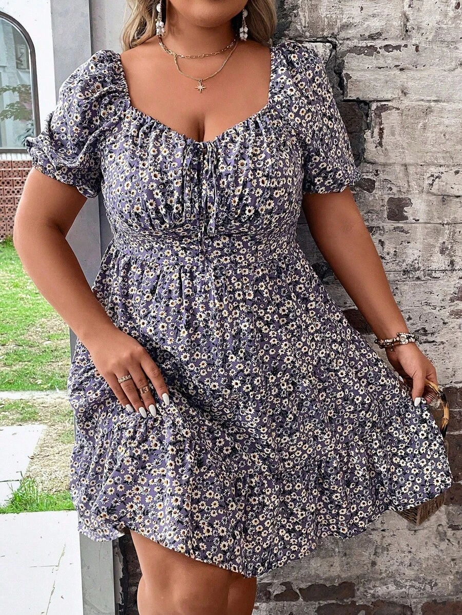 Breezaya 甜心領花卉印花大尺碼連衣裙,腰部綁帶設計 - 紫色 - 查看 1