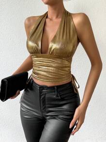 Allurite 女士亮面露背吊带上衣，适合新年假日派对穿着