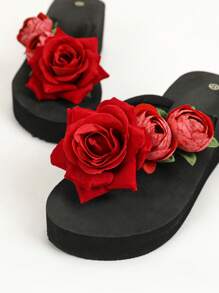 Sandalias Casuales De Moda Con Flores Rojas Para Mujer, Bonitas Zapatillas De Playa De Tacón De Cuña Cómodas Con Suela Suave, Zapatillas Antideslizantes Con Suela Para Las Vacaciones En Casa - Burdeos - Ver 3