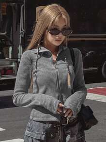 DAZY Women's Collared Zip-Up Cardigan,Long Sleeve Tops,Fall Women Clothes Jacket - Grey - View 3