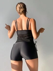 Swim Lushoire Women's Solid Color Lace Splice Drawstring Tankini Carnival Summer