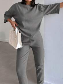 EURMUSE Ladies' Round Neck Drop Shoulder Top And Pants Two Piece Set - Grey - View 3