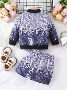 Baby Girls' Fashionable Shiny Glitter Printed Long-sleeve Cardigan, Paired With Printed Skirt Outfit For Autumn/winter
