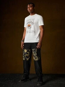 HOUSE OF THE DRAGON X SHEIN 男士彈性腰帶字母印花褲子 - 黑色 - 查看 4