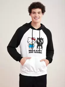 HELLO KITTY AND FRIENDS | SHEIN 男士卡通圖案拼色連帽衫 - 黑與白 - 查看 6