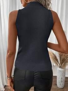 SHEIN Unity Solid Color Slim-Fit Sleeveless Knit Top With Stand Collar - Dark Grey - View 2