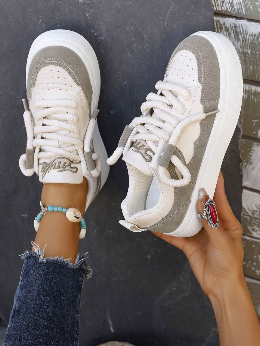 Fall/Winter Fashionable Casual Thick-Soled Color Block Lace-Up Sneakers For Women