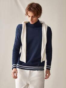 Manfinity RebelGame 男士高领条纹边饰休闲毛衣，适合秋冬