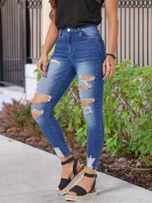 SHEIN LUNE Women'S Distressed Slim Fit Denim Jeans - Medium Wash - View 5
