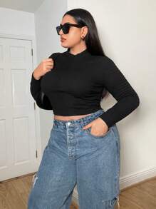 SHEIN Essnce 大尺碼女款半高領短袖上衣,設有拉鍊 - 黑色 - 查看 5