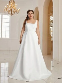 SHEIN Belle 女款大尺碼純白色方領修腰 A 字婚紗 - 白色 - 查看 1