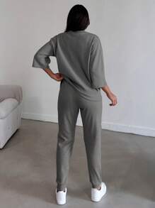 EURMUSE Ladies' Round Neck Drop Shoulder Top And Pants Two Piece Set - Grey - View 2