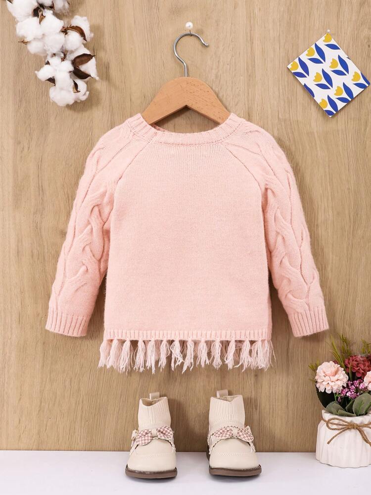 Baby Girls' Casual Pullover Sweater With Long Sleeves, Round Neck And Fringe Hem