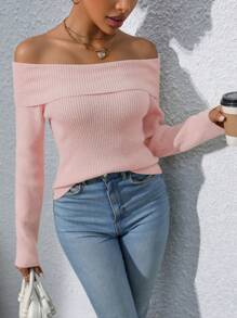 SHEIN Privé Off Shoulder Fold-Over Collar Ribbed Top - Pink - View 4