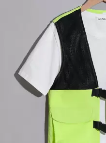 Chaleco casual con bolsillos de estilo urbano para niños preadolescentes, de ajuste holgado con malla y contraste
