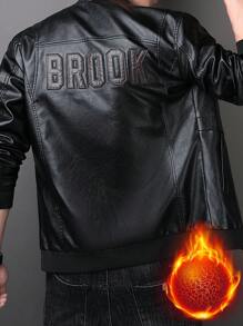 男士字母設計拉鍊前短毛絨夾克,帶徽章細節 - 黑色 - 查看 2