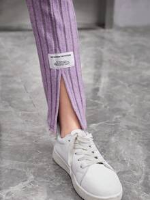 Tween Girls' Collage Detail Drop Shoulder T-Shirt And Slit Hem Wide Leg Ribbed Pants Set - Purple - View 3