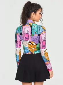 ADVENTURE TIME X SHEIN Cartoon Printed Long Sleeve Mock Neck T-Shirt