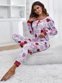 Conjunto De Pijama De Manga Larga Y Pantalón Para Mujer Con Estampado De Carta Y Corazón