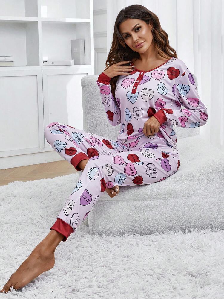 Women's Letter & Heart Printed Long Sleeve & Pants Pajama Set