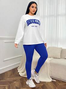 SHEIN EZwear Plus Size Women's Printed Knit Round Neck T-Shirt And Leggings Set - Royal Blue - View 4