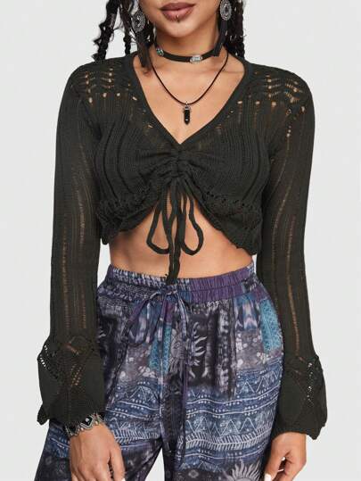 Hippie Débardeur court style occidental pour femmes avec col en V et liens avec détails ajourés, idéal pour les vacances