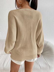 SHEIN Essnce 女士不對稱領口蝙蝠袖毛衣 - 卡其色 - 查看 2