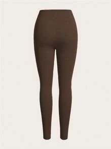 SHEIN Unity Women's Solid Color High Waist Stretchy Leggings - Coffee Brown - View 3
