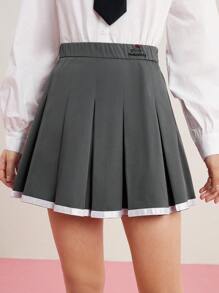 HELLO KITTY AND FRIENDS | SHEIN Letter Embroidered Waist Pleated Skirt - Grey - View 7