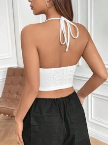 SHEIN EZwear 女士中空刺繡綁頸上衣 - 白色 - 查看 3