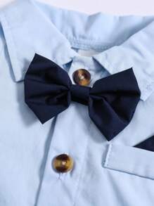SHEIN 寶寶男孩復古休閒大學風紳士蝴蝶結設計連身衣,春夏日常裝備 - 藍色 - 查看 4