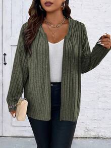 SHEIN LUNE 女士加大碼純色肋紋拉鍊前帽兜外套 - 軍綠色 - 查看 5