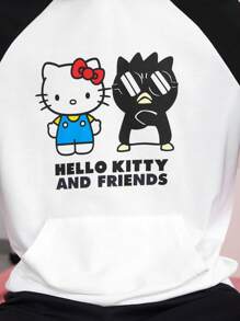 HELLO KITTY AND FRIENDS | SHEIN 男士卡通圖案拼色連帽衫 - 黑與白 - 查看 4