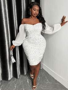 Slaydiva Của phụ nữ Kích thước lớn Kim sa Vá lại Off-shoulder Tay áo lồng đèn Đầm - trắng - Xem 3