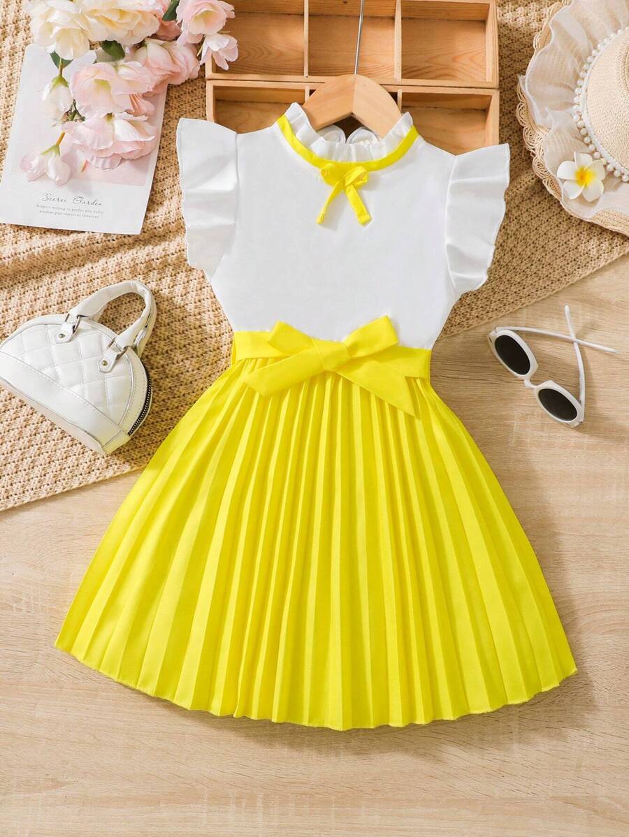Young Girl Cap Sleeves Two-Tone Pleated Hem Dress - Yellow - View 1
