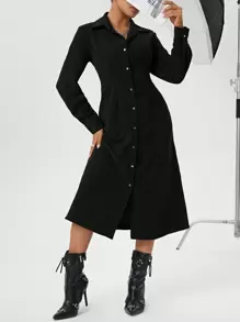 SHEIN Essnce Ladies Corduroy Button Front Dress - Black - View 4