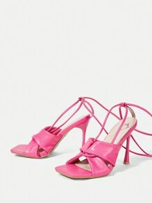 SheIn ICON 女性時尚玫瑰粉色腳踝帶鑽石高跟涼鞋 - 玫紅色 - 查看 7