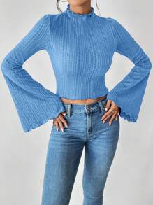 SHEIN Privé 優雅的女士鐘形袖t恤 - 藍色 - 查看 3