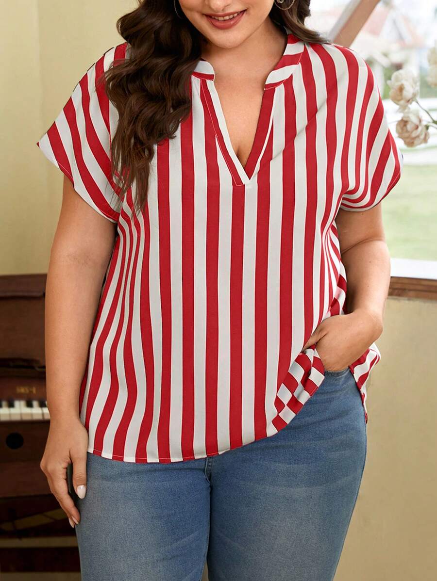 SHEIN LUNE Plus Size Summer Striped Blouse With Notched Collar - Red and White - View 1