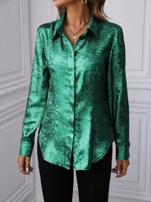 SHEIN Clasi Ladies' Glossy Long Sleeve Shirt - Green - View 3