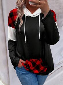 EMERY ROSE Camiseta De Talla Grande Con Capucha, Manga Raglán, Patrón De Cuadrícula Y Cordón - Multicolor - Ver 3