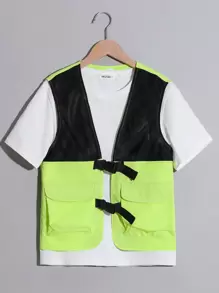 Chaleco casual con bolsillos de estilo urbano para niños preadolescentes, de ajuste holgado con malla y contraste