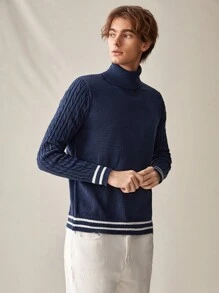 Manfinity RebelGame 男士高领条纹边饰休闲毛衣，适合秋冬